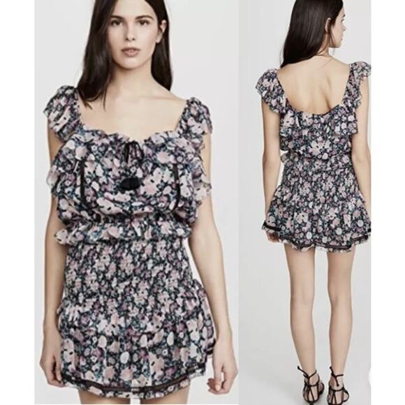 Saylor Puff Sleeve Ruffled Keyhole Neck Smocked Floral Top Black Women's Size S - Picture 1 of 10